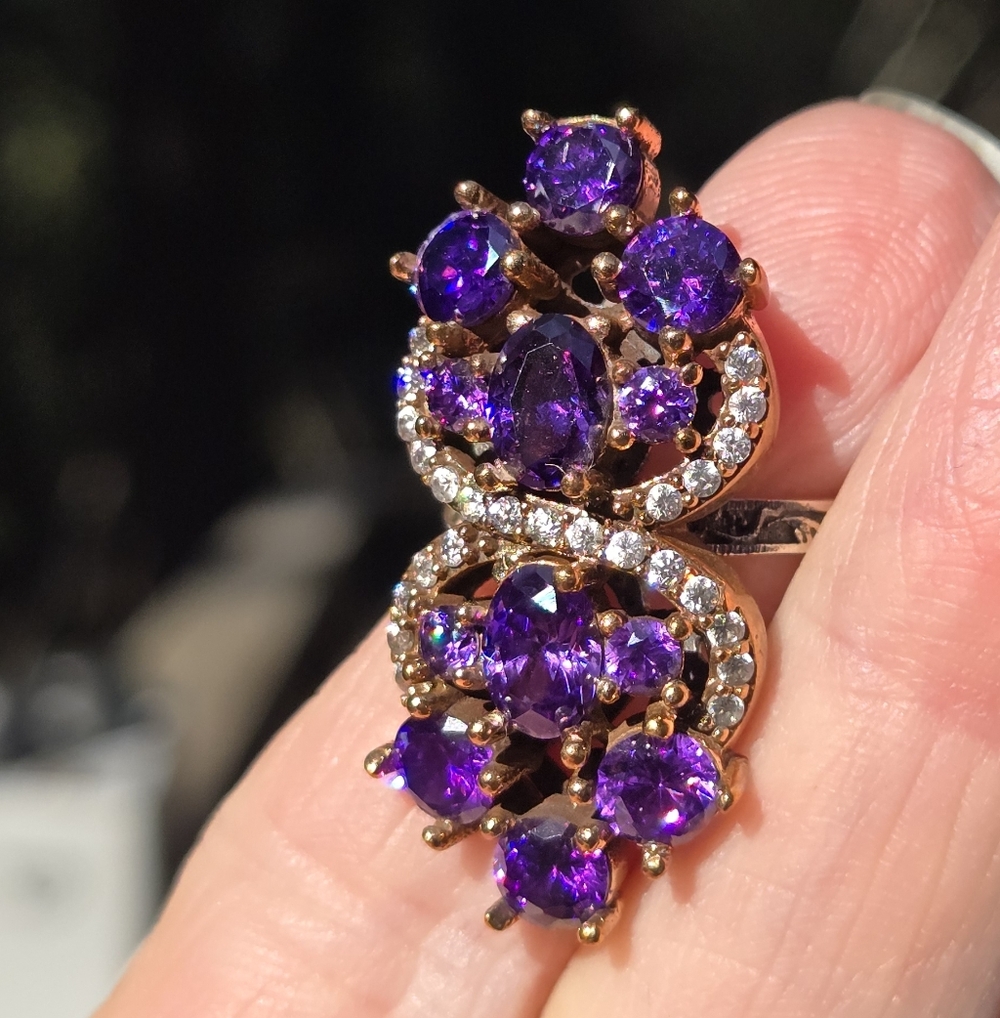 Amethyst & White sapphire Sterling & Gold cocktail ring 7.75 - Picture 4 of 9